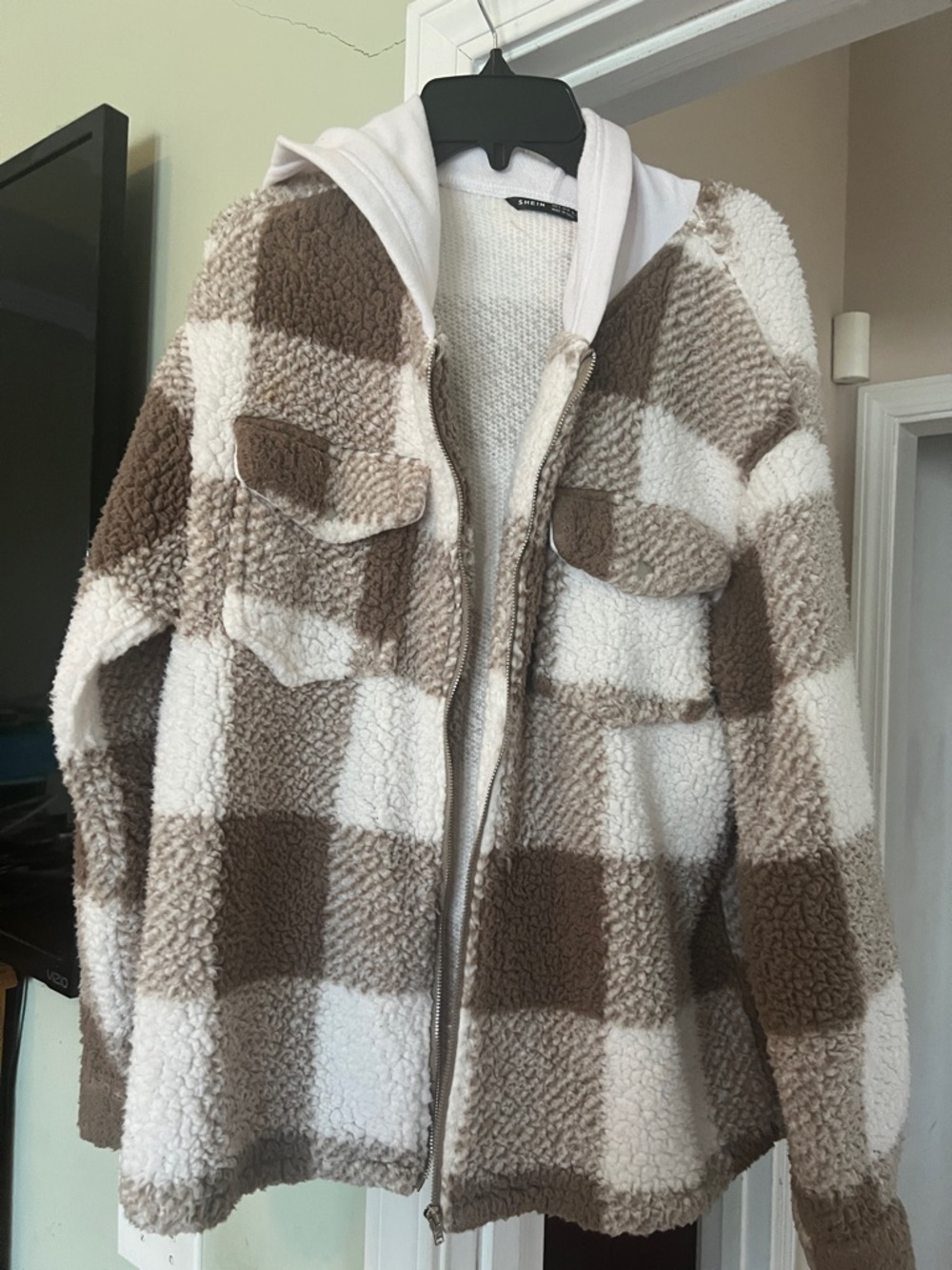SHEIN Plaid Teddy Sherpa Zip Hoodie Jacket - Cream & Brown